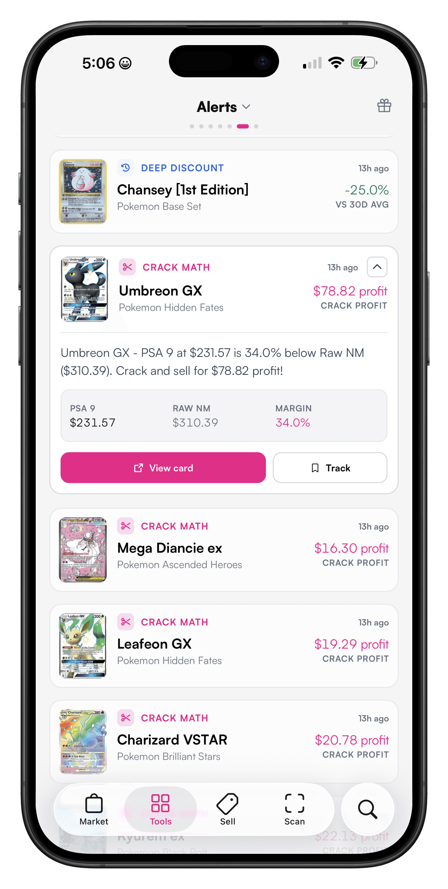 Pokemon card deal alerts feed on mobile showing a deep discount alert and raw-versus-graded arbitrage alerts with profit amounts