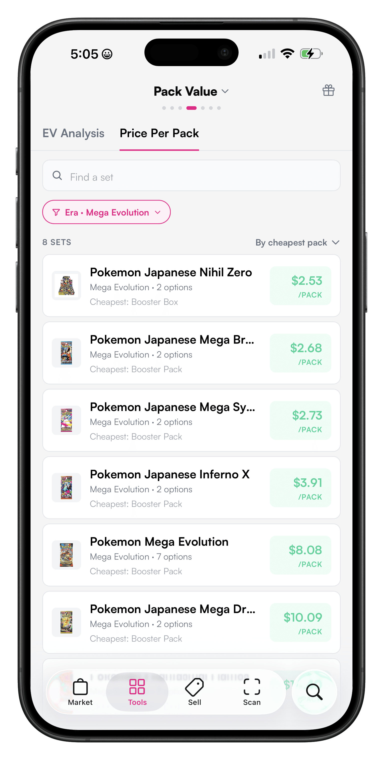 Pack Value tool on mobile showing per-pack prices for Mega Evolution era Pokemon sets, sorted by cheapest pack