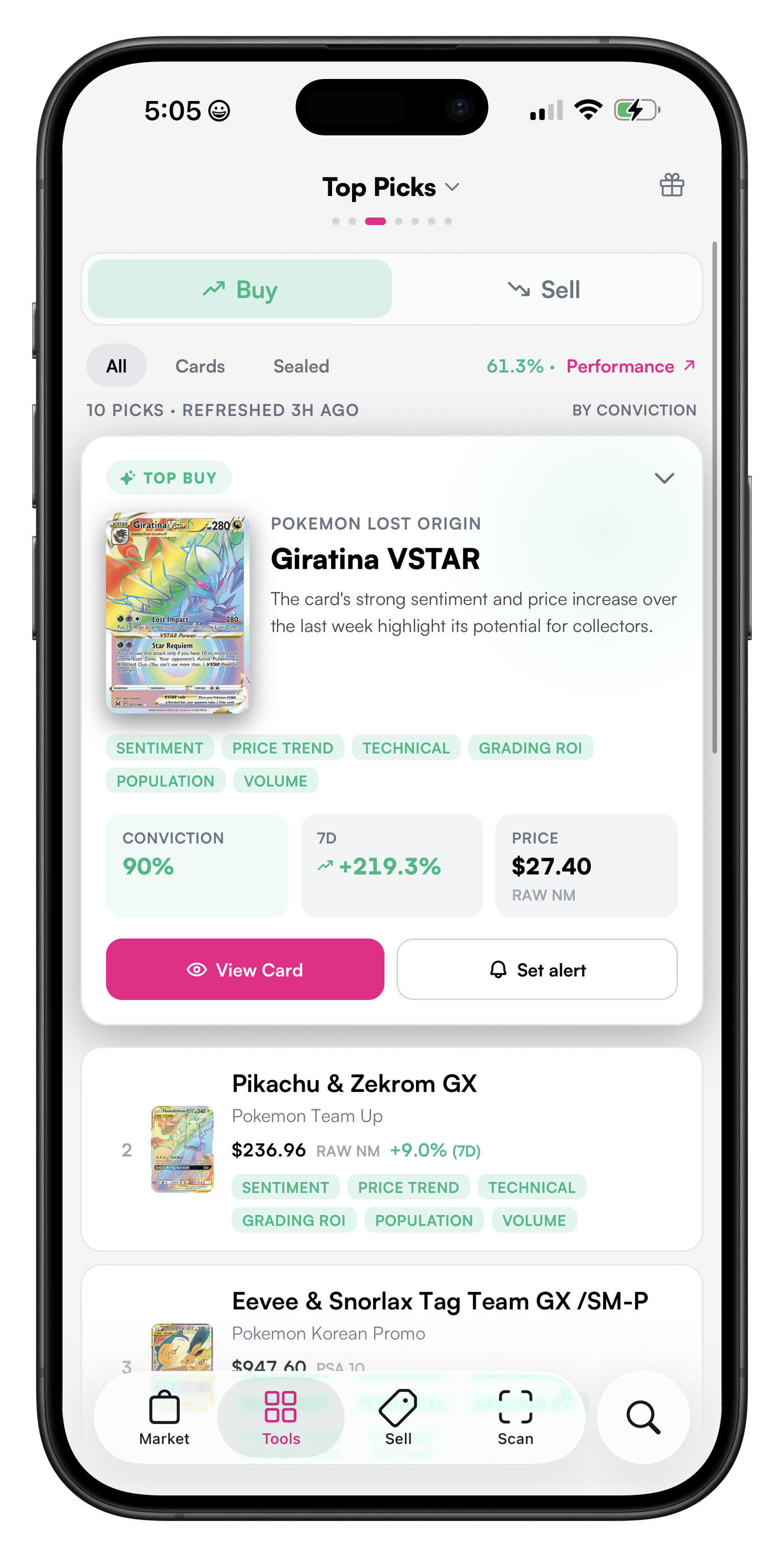 AI Picks tool on mobile showing the top buy pick with its conviction score, 7-day change, and price