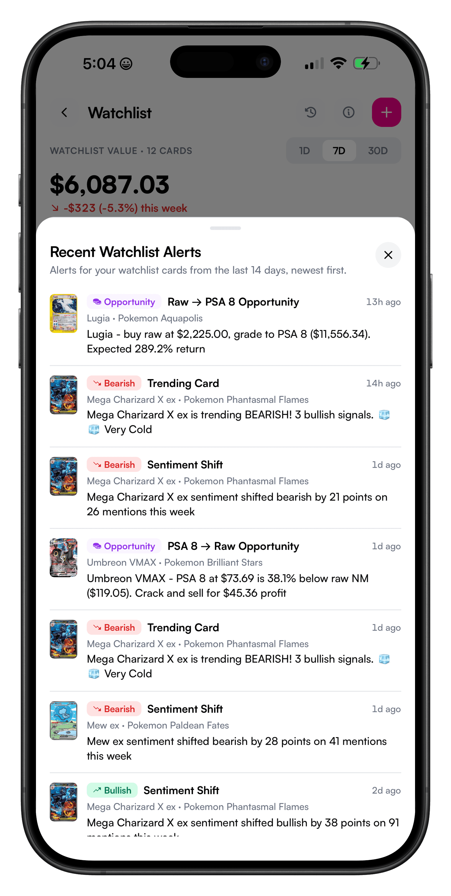 Recent watchlist alerts on mobile showing grading opportunity and sentiment shift notifications for watched Pokemon cards
