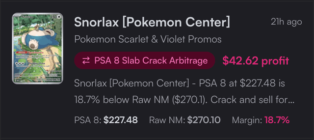 Arbitrage alert comparing a Pokemon card price across marketplaces