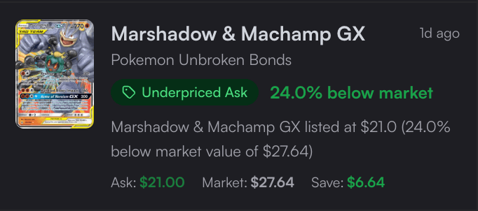 Alert flagging a Pokemon card listed below market value