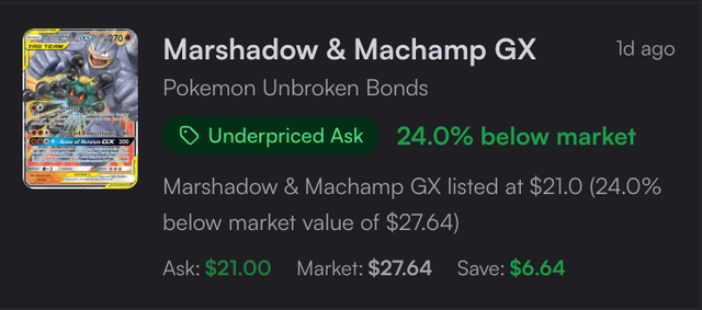 Alert flagging a Pokemon card listed below market value
