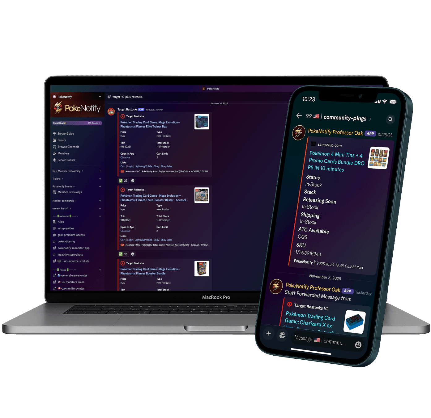 Pokenotify Discord server on laptop and mobile showing live Pokemon TCG restock alerts