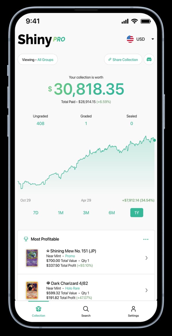 Shiny Pro app showing an example collection with tracked cards and value change