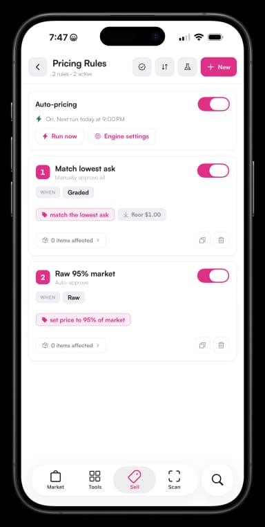 Automated card repricing rules in Vendor Hub