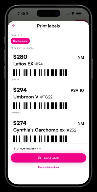 Printing price labels for cards from the Vendor Hub app