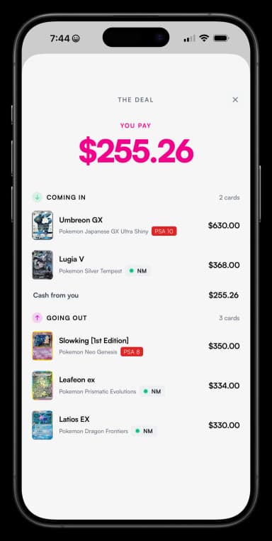 Card show deal screen showing an instant comped offer