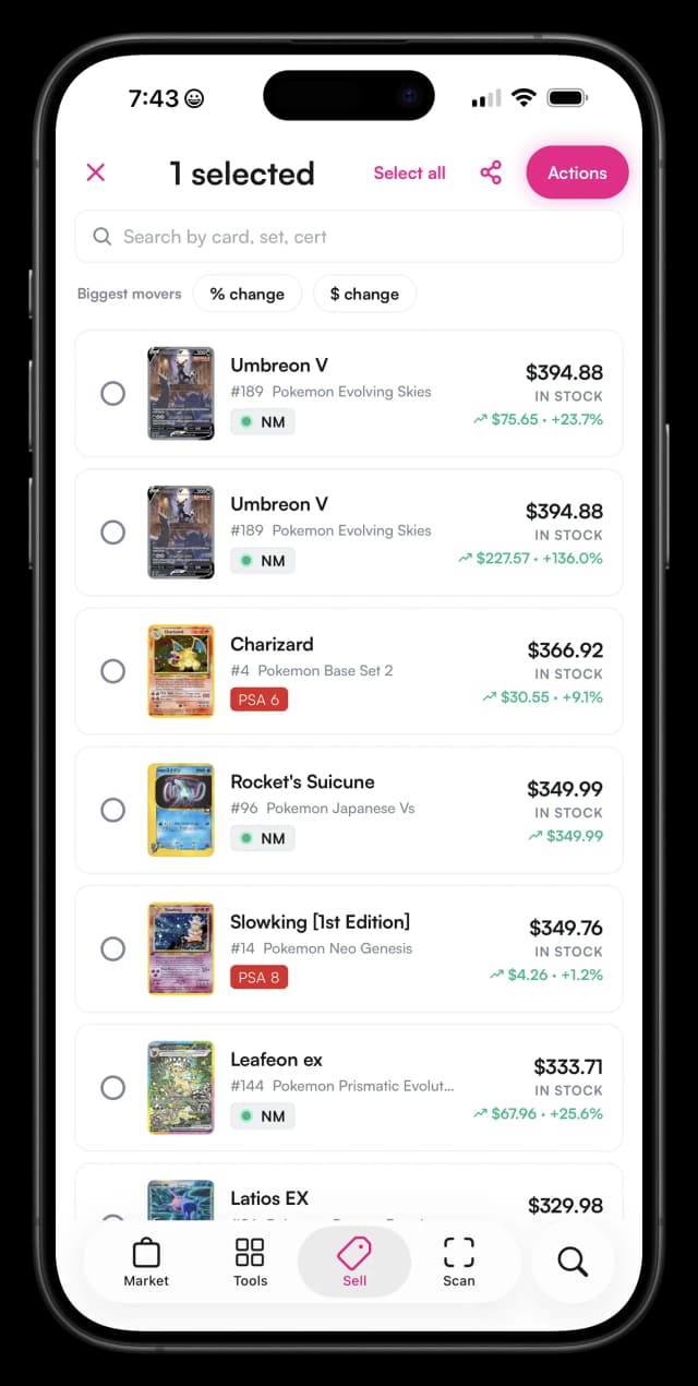 Selecting cards in TCG vendor inventory software