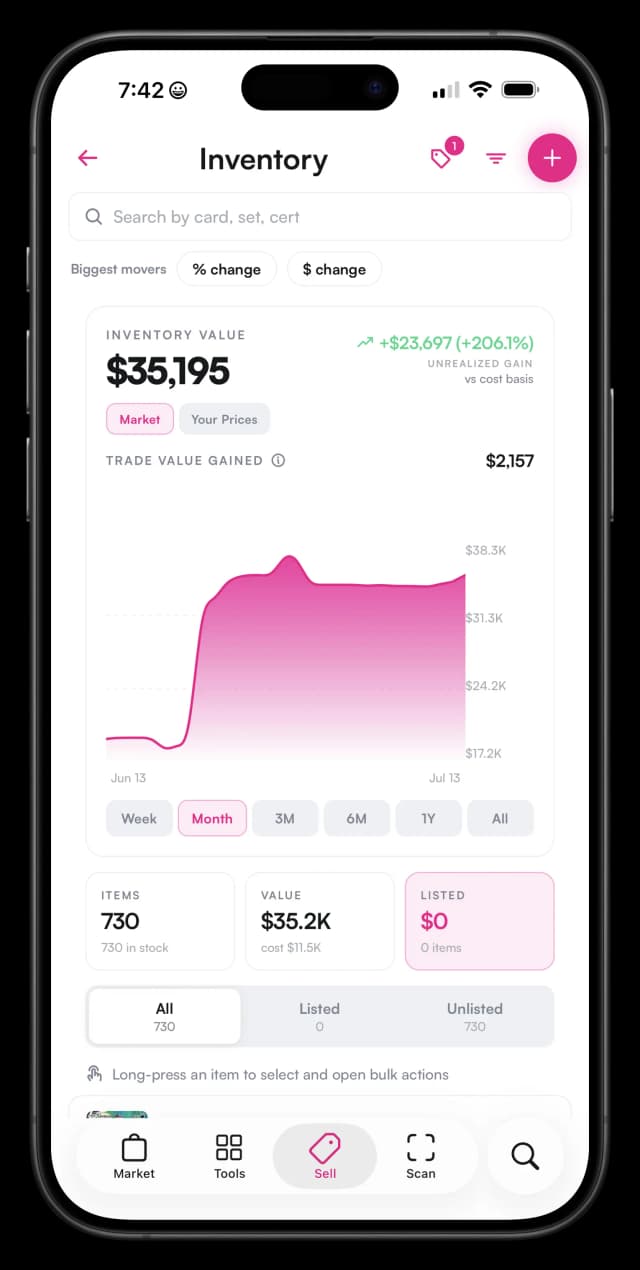 Pokemon card vendor inventory management app showing live market values